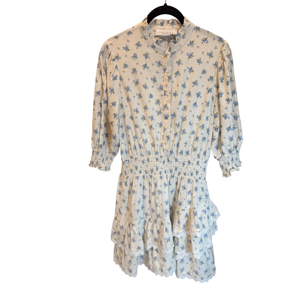 The Shirt Rochelle Behrens Floral Mini Dress Blue Rose Cotton Smocked Ruffle M